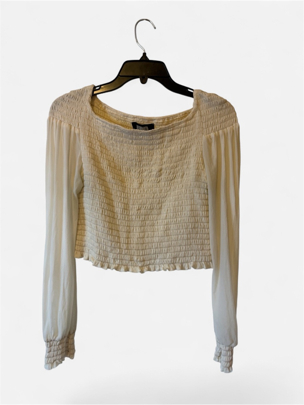 Reformation Smocked Off-Shoulder Long Sleeve Top — Cream